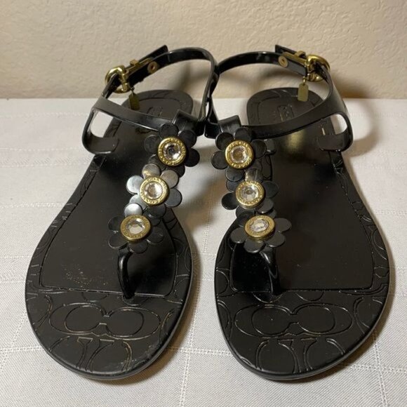 Coach Paisley Floral Jewel Black T Strap Jelly Thong Sandals Summer Size 7 - Picture 2 of 12